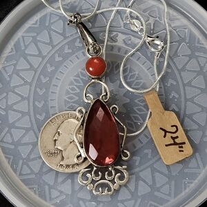 Elegant Red Faceted Pendant/Beautiful Scroll Detail Around Bezel.Has A 24"Chain